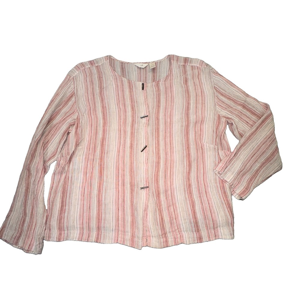 J. Jill Pink Striped Blouse Linen Blend Accent Buttons Sz Women's 1X Boho Beachy